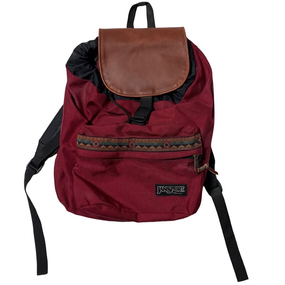 Jansport Burgundy Backpack with Brown Flap and Black Straps